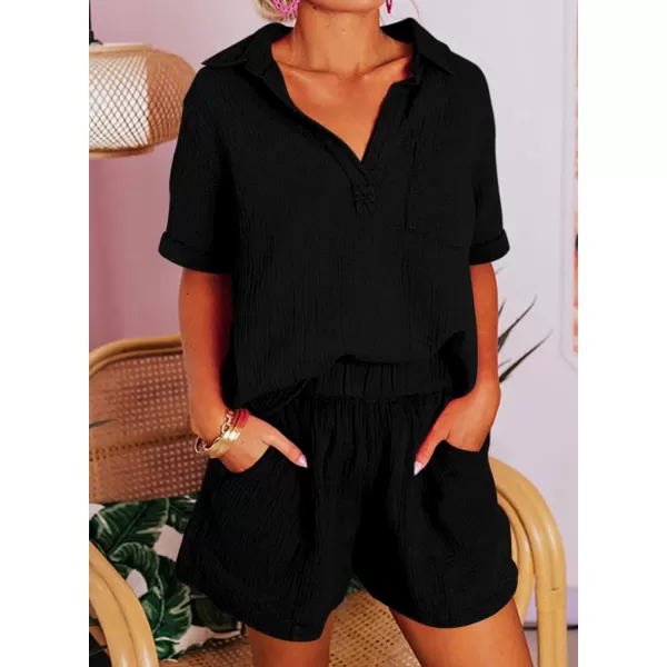 Dokotoo Women's Two Piece Outfits V Neck Short Sleeve Shirts and High Waist Shorts Lounge Sets