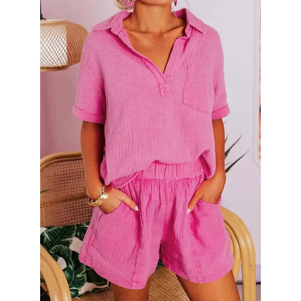 Dokotoo Women's Two Piece Outfits V Neck Short Sleeve Shirts and High Waist Shorts Lounge Sets