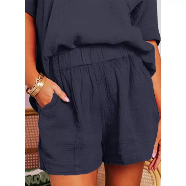 Dokotoo Women's Two Piece Outfits V Neck Short Sleeve Shirts and High Waist Shorts Lounge Sets