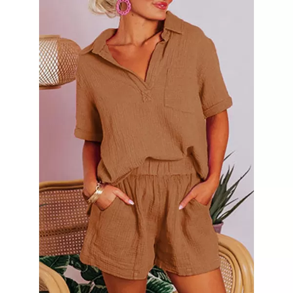 Dokotoo Women's Two Piece Outfits V Neck Short Sleeve Shirts and High Waist Shorts Lounge Sets