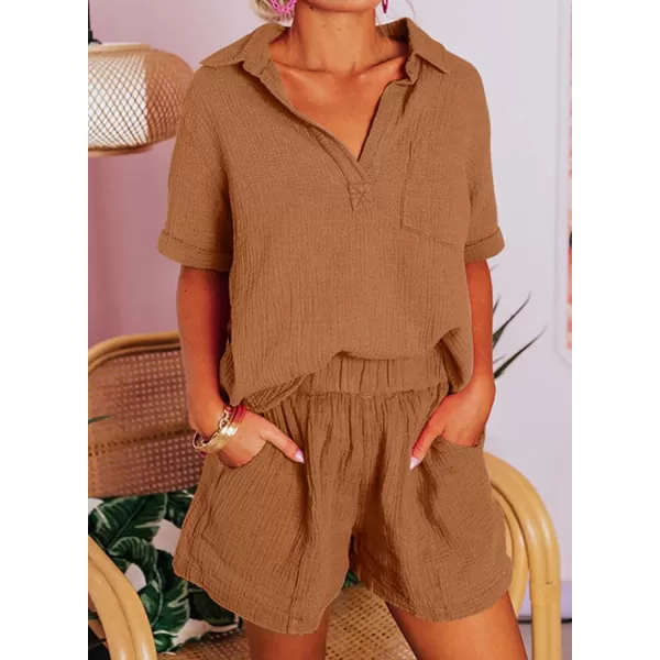Dokotoo Women's Two Piece Outfits V Neck Short Sleeve Shirts and High Waist Shorts Lounge Sets