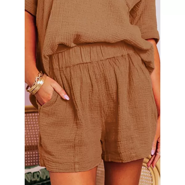 Dokotoo Women's Two Piece Outfits V Neck Short Sleeve Shirts and High Waist Shorts Lounge Sets