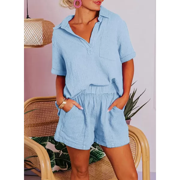 Dokotoo Women's Two Piece Outfits V Neck Short Sleeve Shirts and High Waist Shorts Lounge Sets