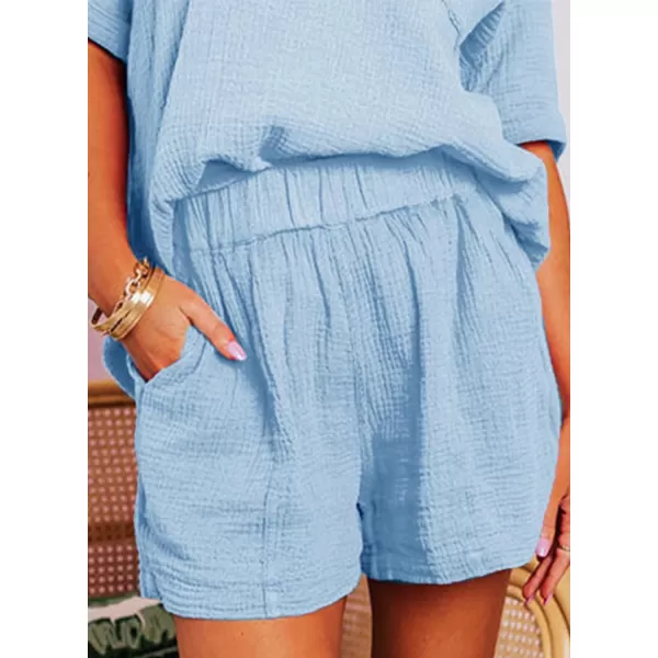 Dokotoo Women's Two Piece Outfits V Neck Short Sleeve Shirts and High Waist Shorts Lounge Sets