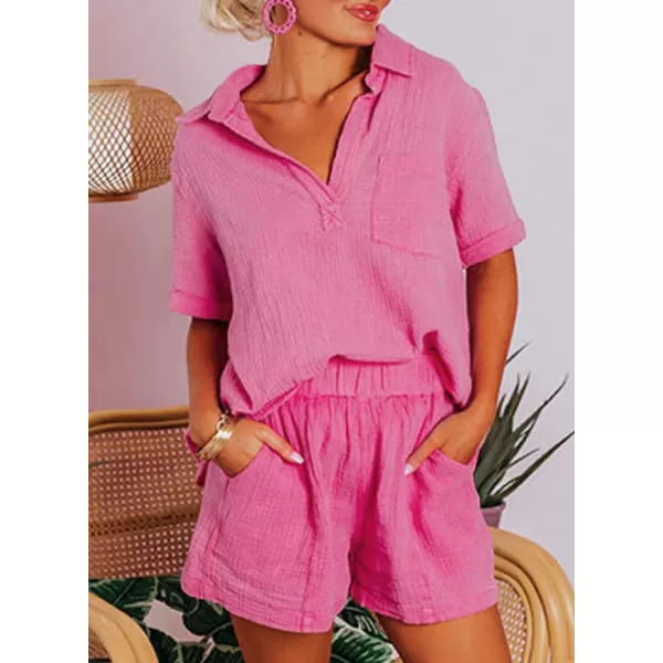 Dokotoo Women's Two Piece Outfits V Neck Short Sleeve Shirts and High Waist Shorts Lounge Sets