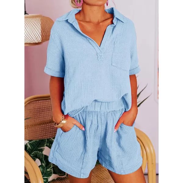 Dokotoo Women's Two Piece Outfits V Neck Short Sleeve Shirts and High Waist Shorts Lounge Sets