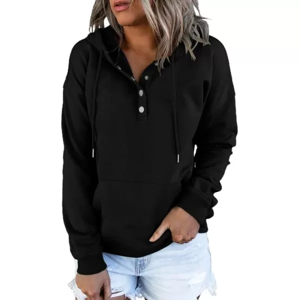 Dokotoo Womens 2023 Hooded Button Collar Drawstring Hoodies Pullover Sweatshirts Casual Long Sleeve Tops Shirts