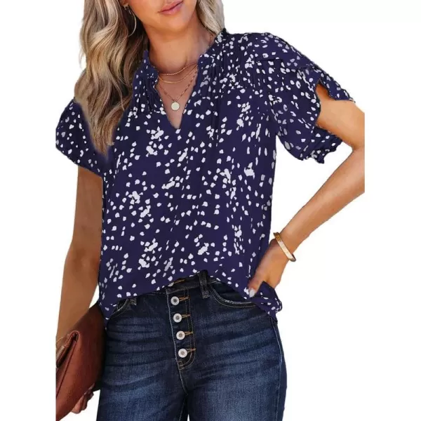 Dokotoo Women's Casual V Neck Alicia Floral Print Smocked Short Sleeve Chiffon Blouses Bohemian Top Shirts
