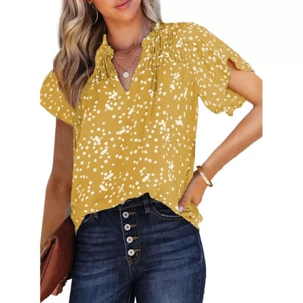 Dokotoo Women's Casual V Neck Alicia Floral Print Smocked Short Sleeve Chiffon Blouses Bohemian Top Shirts