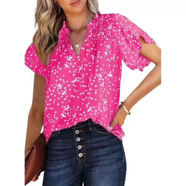 Dokotoo Women's Casual V Neck Alicia Floral Print Smocked Short Sleeve Chiffon Blouses Bohemian Top Shirts