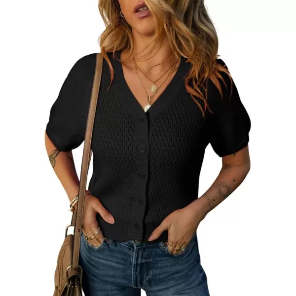 Dokotoo Womens Summer Tops 2024 Trendy V Neck Hollow Out Cropped Button Down Shirts Puff Sleeves Blouses