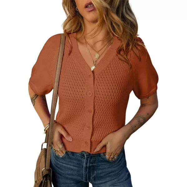 Dokotoo Womens Summer Tops 2024 Trendy V Neck Hollow Out Cropped Button Down Shirts Puff Sleeves Blouses