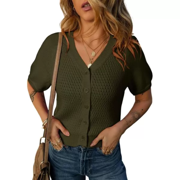 Dokotoo Womens Summer Tops 2024 Trendy V Neck Hollow Out Cropped Button Down Shirts Puff Sleeves Blouses