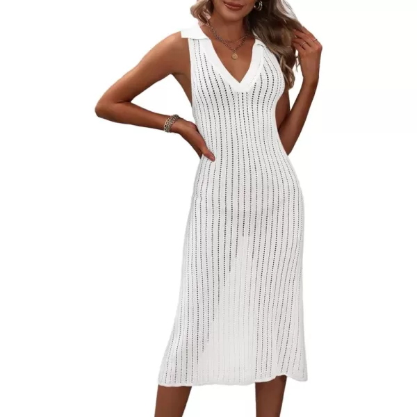 Dokotoo Womens Swimwear Cover Ups 2024 Summer V Neck Lapel Sleeveless Crochet Hollow Out Knit Swimsuit Long Beach Dress