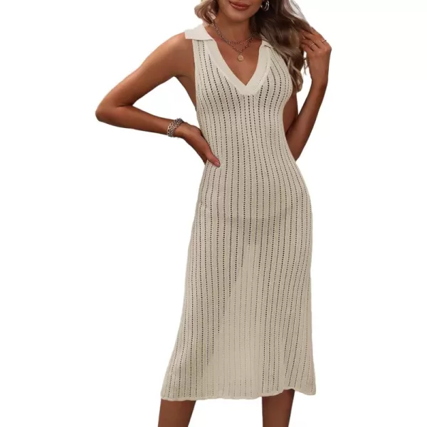 Dokotoo Womens Swimwear Cover Ups 2024 Summer V Neck Lapel Sleeveless Crochet Hollow Out Knit Swimsuit Long Beach Dress