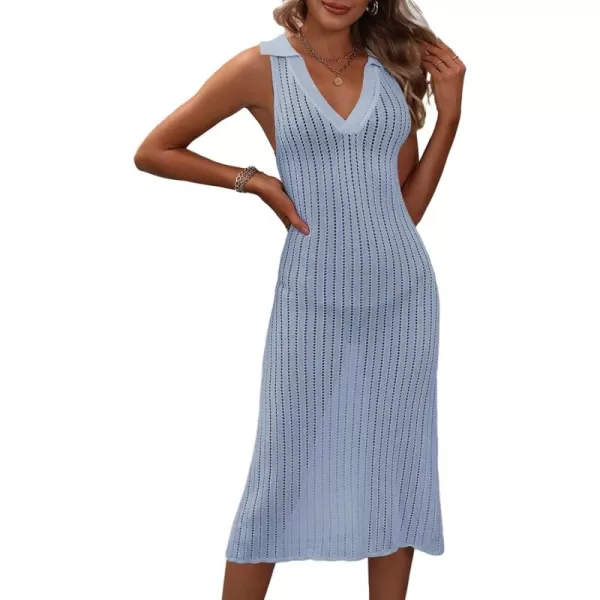 Dokotoo Womens Swimwear Cover Ups 2024 Summer V Neck Lapel Sleeveless Crochet Hollow Out Knit Swimsuit Long Beach Dress