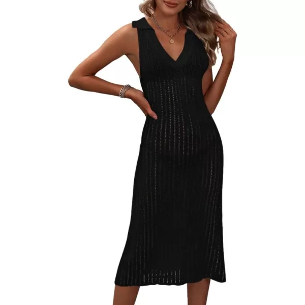 Dokotoo Womens Swimwear Cover Ups 2024 Summer V Neck Lapel Sleeveless Crochet Hollow Out Knit Swimsuit Long Beach Dress