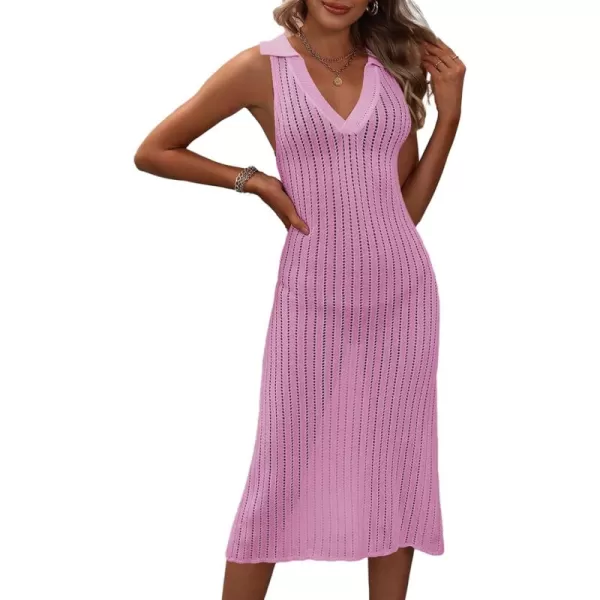 Dokotoo Womens Swimwear Cover Ups 2024 Summer V Neck Lapel Sleeveless Crochet Hollow Out Knit Swimsuit Long Beach Dress