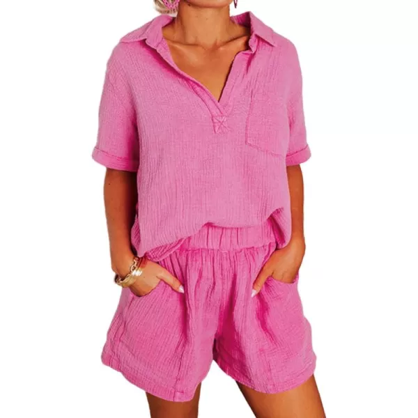 Dokotoo Women's Two Piece Outfits V Neck Short Sleeve Shirts and High Waist Shorts Lounge Sets