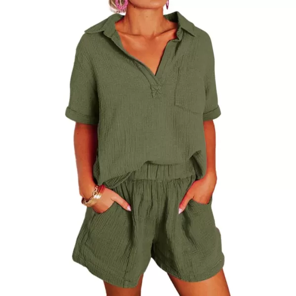 Dokotoo Women's Two Piece Outfits V Neck Short Sleeve Shirts and High Waist Shorts Lounge Sets