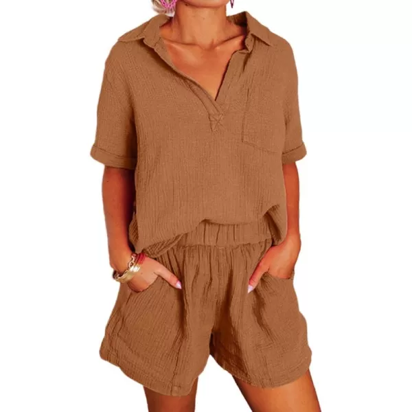 Dokotoo Women's Two Piece Outfits V Neck Short Sleeve Shirts and High Waist Shorts Lounge Sets