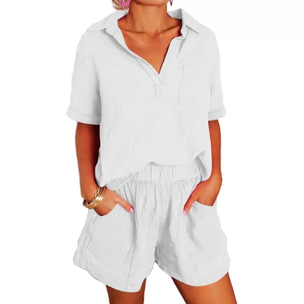 Dokotoo Women's Two Piece Outfits V Neck Short Sleeve Shirts and High Waist Shorts Lounge Sets
