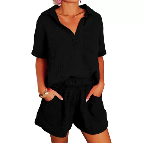 Dokotoo Women's Two Piece Outfits V Neck Short Sleeve Shirts and High Waist Shorts Lounge Sets