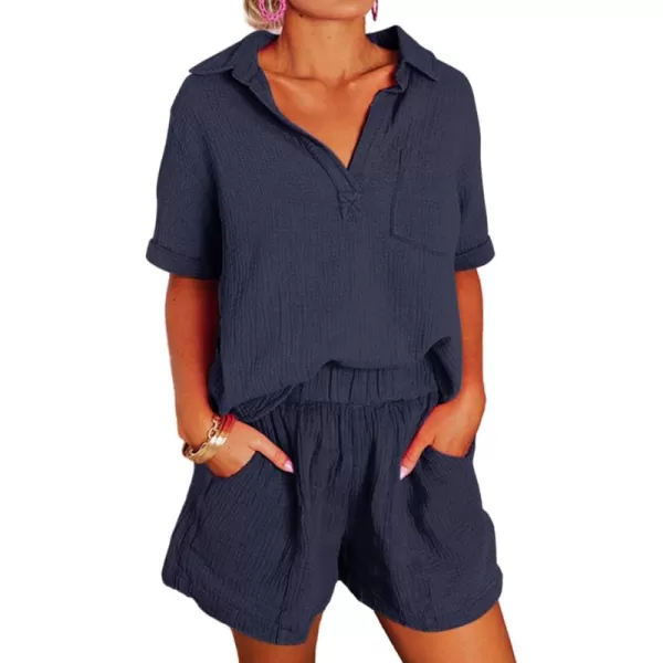 Dokotoo Women's Two Piece Outfits V Neck Short Sleeve Shirts and High Waist Shorts Lounge Sets