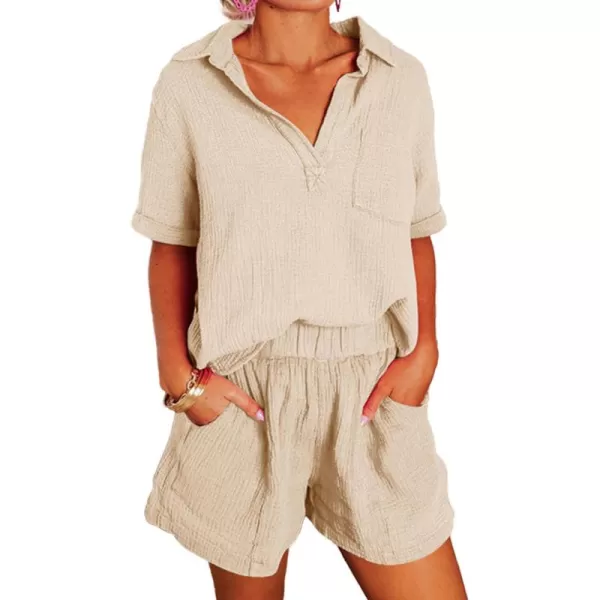 Dokotoo Women's Two Piece Outfits V Neck Short Sleeve Shirts and High Waist Shorts Lounge Sets
