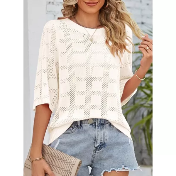 Dokotoo Women's Casual 3/4 Sleeve Loose Tunic Tops Lightweight Crochet Knit Summer Sweaters Blouses