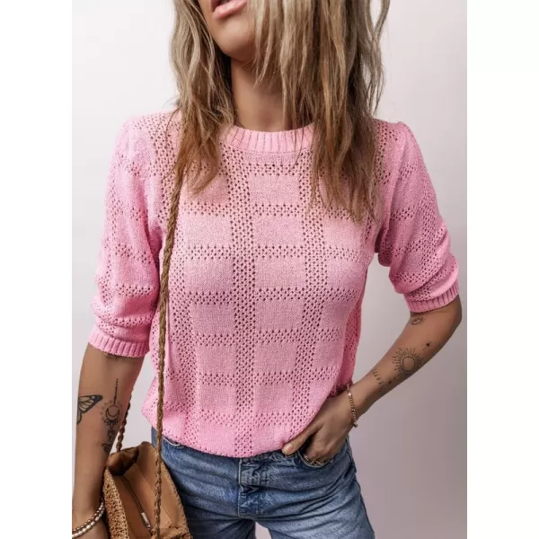 Dokotoo Women's Casual 3/4 Sleeve Loose Tunic Tops Lightweight Crochet Knit Summer Sweaters Blouses