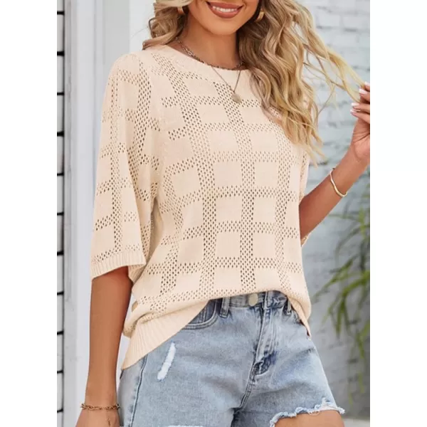 Dokotoo Women's Casual 3/4 Sleeve Loose Tunic Tops Lightweight Crochet Knit Summer Sweaters Blouses