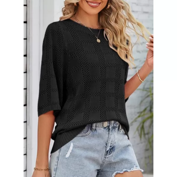 Dokotoo Women's Casual 3/4 Sleeve Loose Tunic Tops Lightweight Crochet Knit Summer Sweaters Blouses