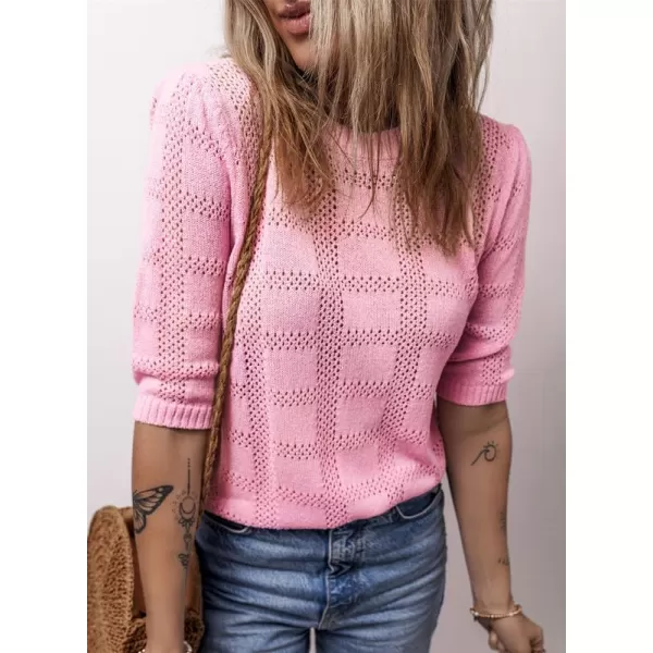 Dokotoo Women's Casual 3/4 Sleeve Loose Tunic Tops Lightweight Crochet Knit Summer Sweaters Blouses