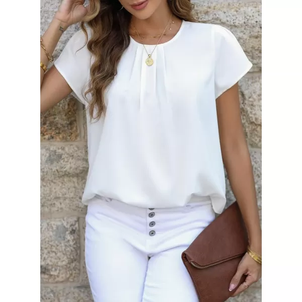 Dokotoo Women's Casual Round Neck Basic Pleated Tops Short Sleeve Loose Fit Curved Keyhole Back Chiffon Blouses Tshirts