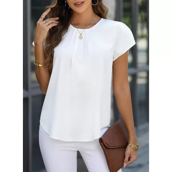 Dokotoo Women's Casual Round Neck Basic Pleated Tops Short Sleeve Loose Fit Curved Keyhole Back Chiffon Blouses Tshirts