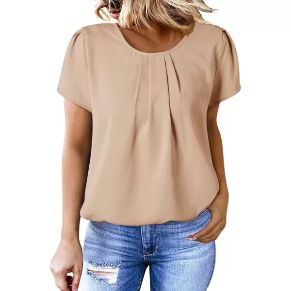 Dokotoo Women's Casual Round Neck Basic Pleated Tops Short Sleeve Loose Fit Curved Keyhole Back Chiffon Blouses Tshirts