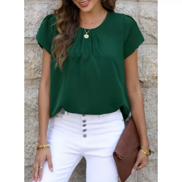 Dokotoo Women's Casual Round Neck Basic Pleated Tops Short Sleeve Loose Fit Curved Keyhole Back Chiffon Blouses Tshirts