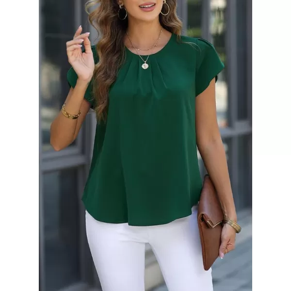 Dokotoo Women's Casual Round Neck Basic Pleated Tops Short Sleeve Loose Fit Curved Keyhole Back Chiffon Blouses Tshirts