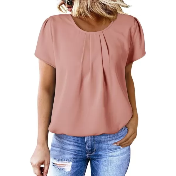 Dokotoo Women's Casual Round Neck Basic Pleated Tops Short Sleeve Loose Fit Curved Keyhole Back Chiffon Blouses Tshirts