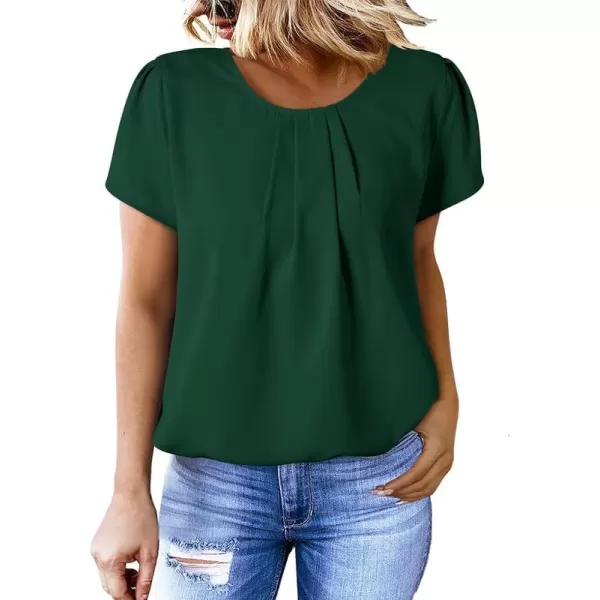 Dokotoo Women's Casual Round Neck Basic Pleated Tops Short Sleeve Loose Fit Curved Keyhole Back Chiffon Blouses Tshirts