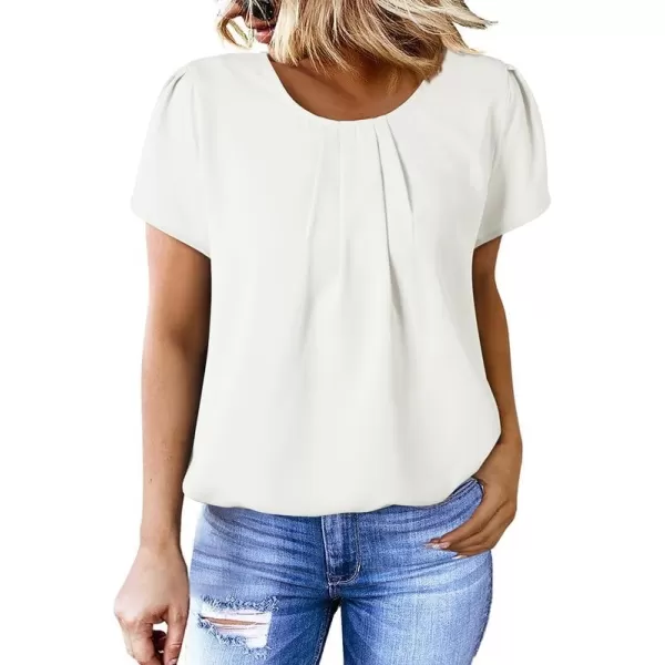 Dokotoo Women's Casual Round Neck Basic Pleated Tops Short Sleeve Loose Fit Curved Keyhole Back Chiffon Blouses Tshirts