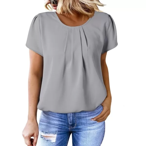 Dokotoo Women's Casual Round Neck Basic Pleated Tops Short Sleeve Loose Fit Curved Keyhole Back Chiffon Blouses Tshirts