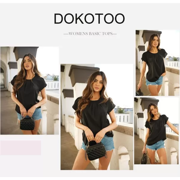 Dokotoo Women's Casual Round Neck Basic Pleated Tops Short Sleeve Loose Fit Curved Keyhole Back Chiffon Blouses Tshirts