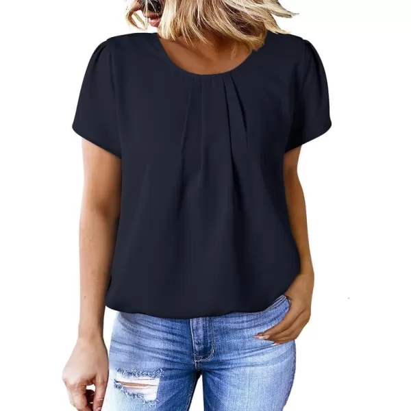 Dokotoo Women's Casual Round Neck Basic Pleated Tops Short Sleeve Loose Fit Curved Keyhole Back Chiffon Blouses Tshirts