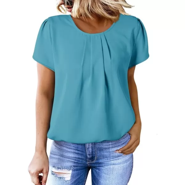 Dokotoo Women's Casual Round Neck Basic Pleated Tops Short Sleeve Loose Fit Curved Keyhole Back Chiffon Blouses Tshirts
