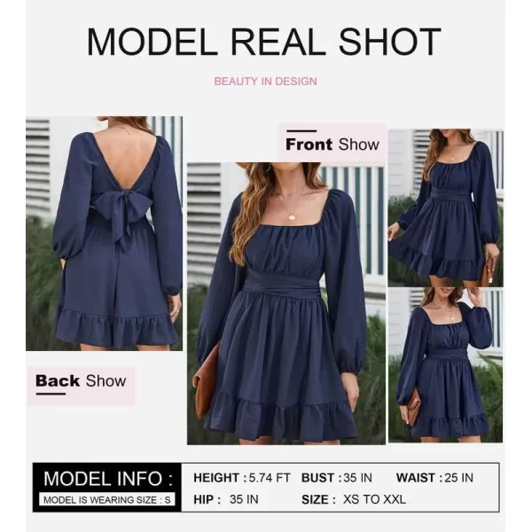 Dokotoo Womens Dress Long Lantern Sleeve Square Neck Tie Backless Sexy Dress Ruffle Elastic Waist A-Line Mini Dress