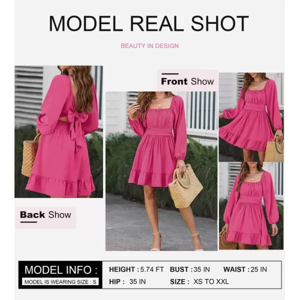 Dokotoo Womens Dress Long Lantern Sleeve Square Neck Tie Backless Sexy Dress Ruffle Elastic Waist A-Line Mini Dress