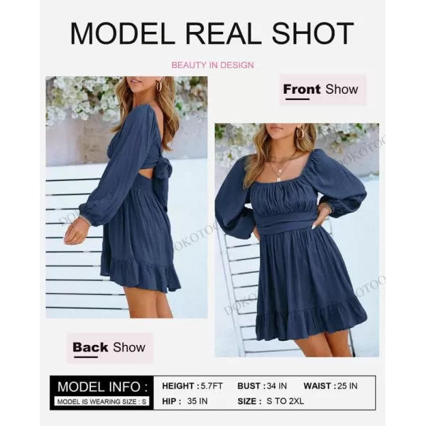 Dokotoo Womens Dress Long Lantern Sleeve Square Neck Tie Backless Sexy Dress Ruffle Elastic Waist A-Line Mini Dress
