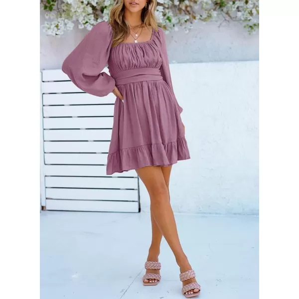 Dokotoo Womens Dress Long Lantern Sleeve Square Neck Tie Backless Sexy Dress Ruffle Elastic Waist A-Line Mini Dress